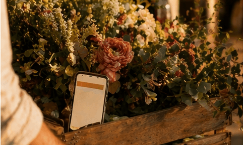 A vendor crate of fresh blooms with a phone tucked into the edge, golden-hour light