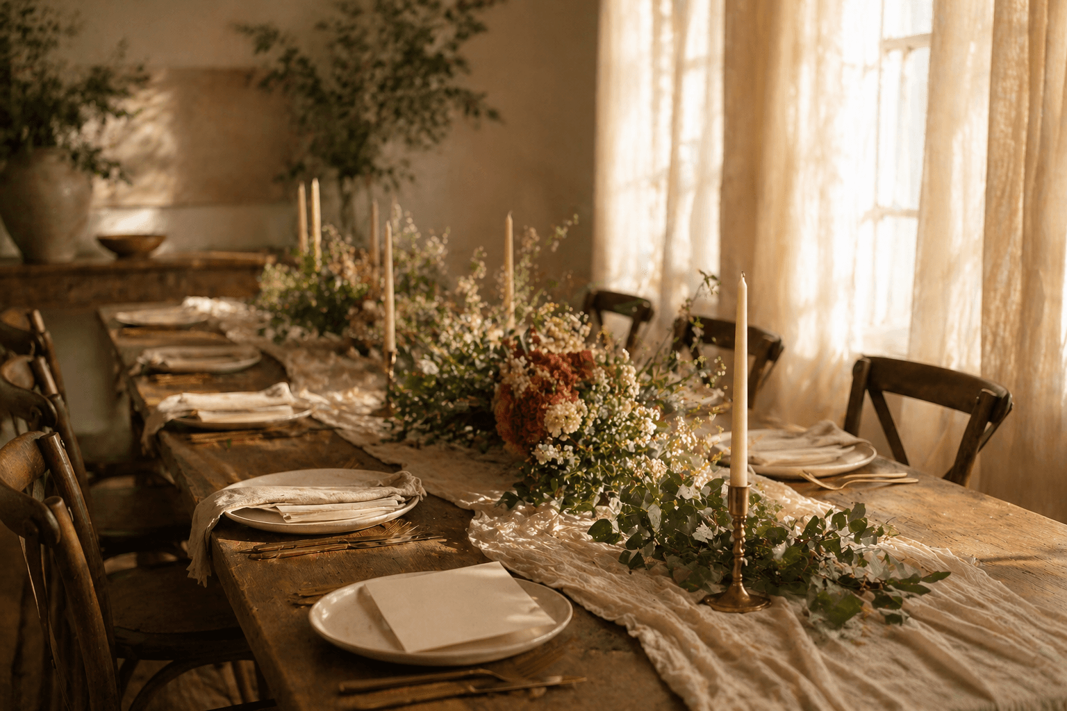 A venue dining table set for an evening wedding reception — candles, linen runner, florals in morning light